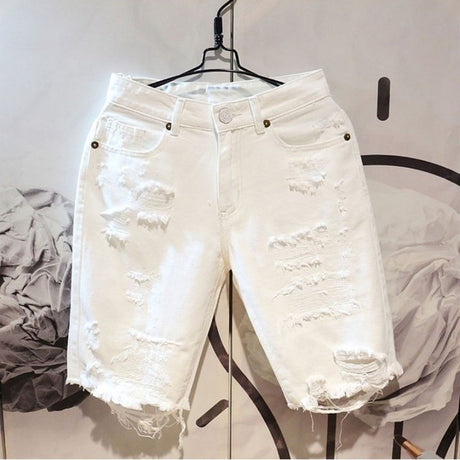 Men's Casual White Ripped Denim Summer Shorts
