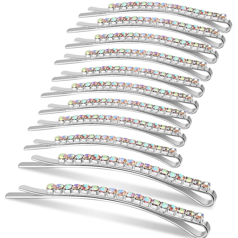 24 Pcs Rhinestone Bobby Pins Sparkly Crystal Hair Clips and Shiny Glitter Hairpins for Women and Girls Styling Accessories (Silver + AB Crystal)