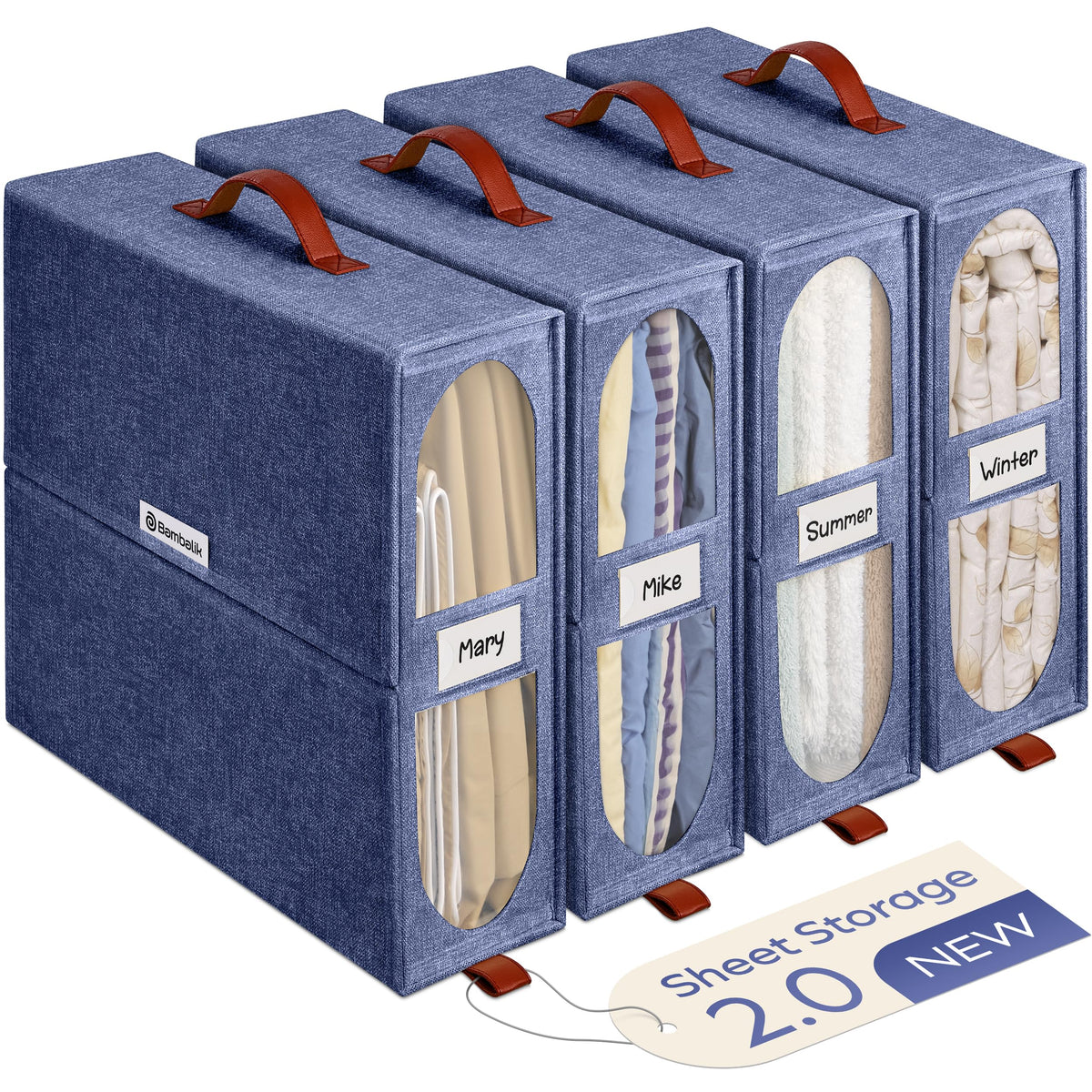 BAMBALIK 4x Bed Sheet Organizer Storage Boxes with Big See-Through Windows - Bedsheet Organizers Redesigned. Robust Bed Sheet Storage -15x13x5 Inches Sheet Organizers and Storage Containers (Denim)