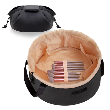 FANGENKE Large Drawstring Makeup OrganizerLay Barrel Makeup Bag Leather Cosmetic Bag Toiletry Bag for TravelPortable Waterproof Make Up Bags for Women Brush Toiletries Accessories (Black Large)