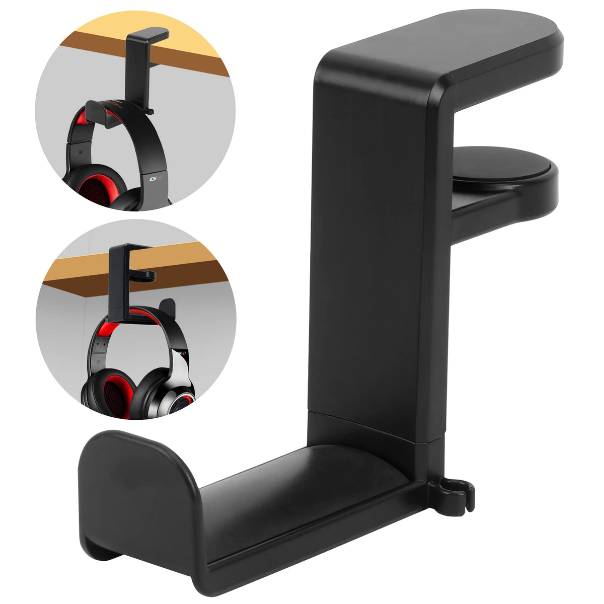 FYY Headphone Stand 360 Degree Rotation Headset Hanger Holder Adjustable Gaming Headphone Hook Under Desk Mount Headset Clamp with Cable Organizer Clip Black