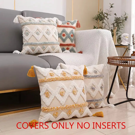 Canvas Tufted Throw Pillowcase with Tassel for Home Decor
