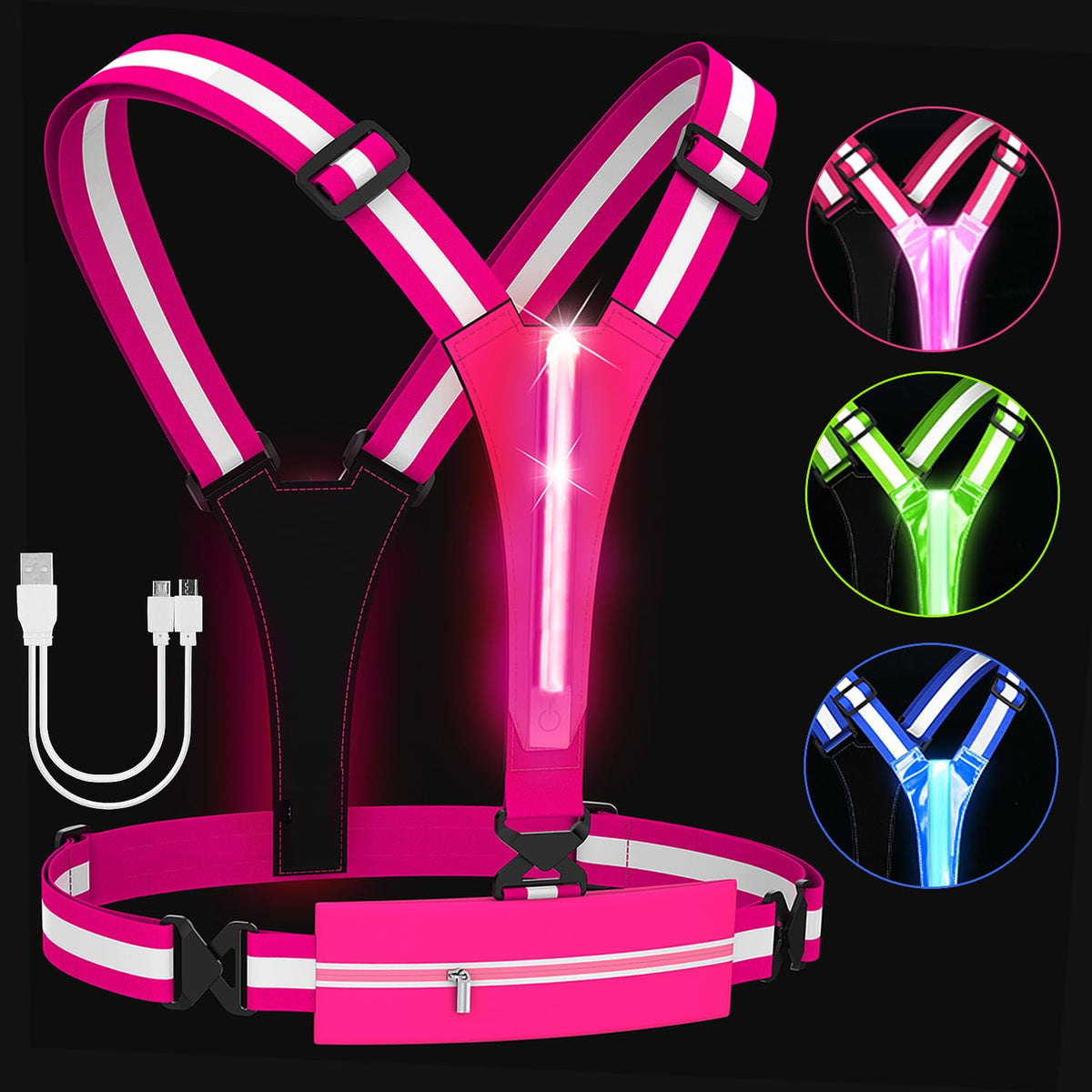 HEHEBON LED Reflective Vest Running GearHigh Visibility Reflective Gear with Light Rechargeable Light Up Running Safety Vest for WalkingRunningCycling Adjustable for Men Women & Kids(HotPink)