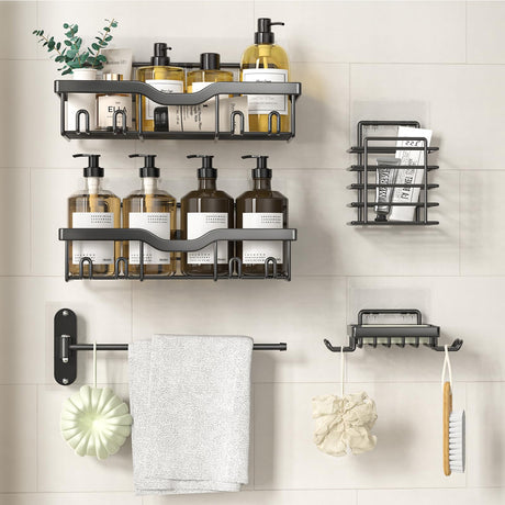 Almaybe Shower Caddy Adhesive 5 Pack Corner Bathroom Shelves Rack Rustproof Stainless Steel Bath Organizers with 12 Hooks Large Capacity No Drilling Shelves for Storage&Home Decor&Kitchen…