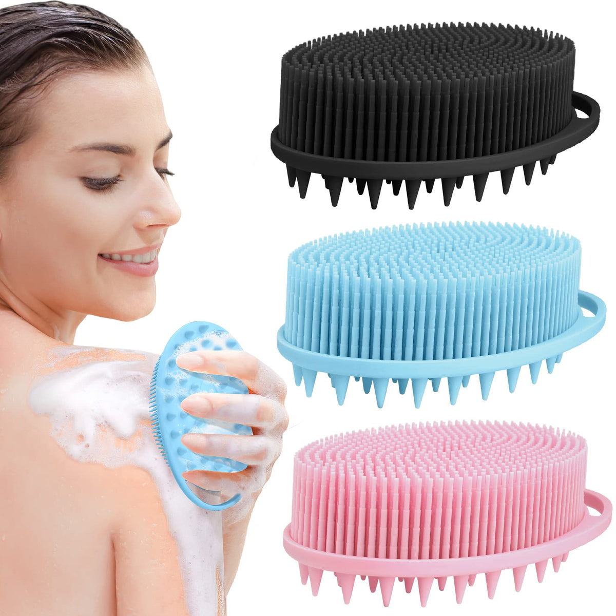 2 in 1 Silicone Body Scrubber Shampoo Brush Shower Body Scrubber Silicone Bath ScrubberExfoliating Body Scrubber Scalp Massager Silicone Loofah Body Scrubber Clean SanitaryRapid Foaming-3 Pack