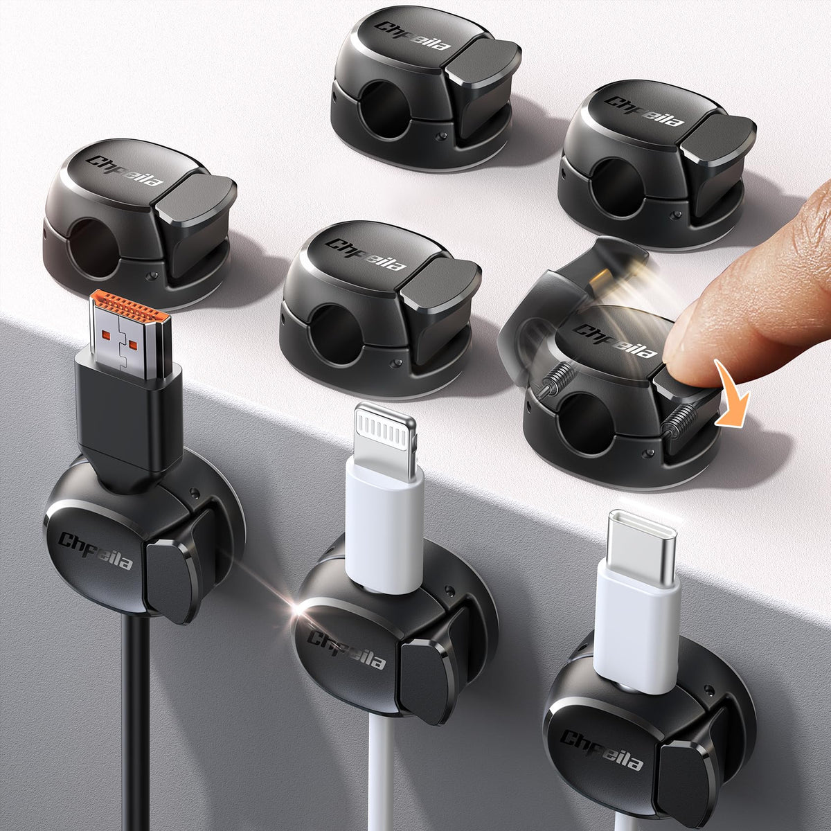 8Pack Cord Organizer [Dual Spring & Clasp Max Secure] Cable Clips - Chfeila Cord Holder Desk Cable Management Adhesive Phone Charging Wire Holder for Nightstand/Car/Wall Office Accessory - Black