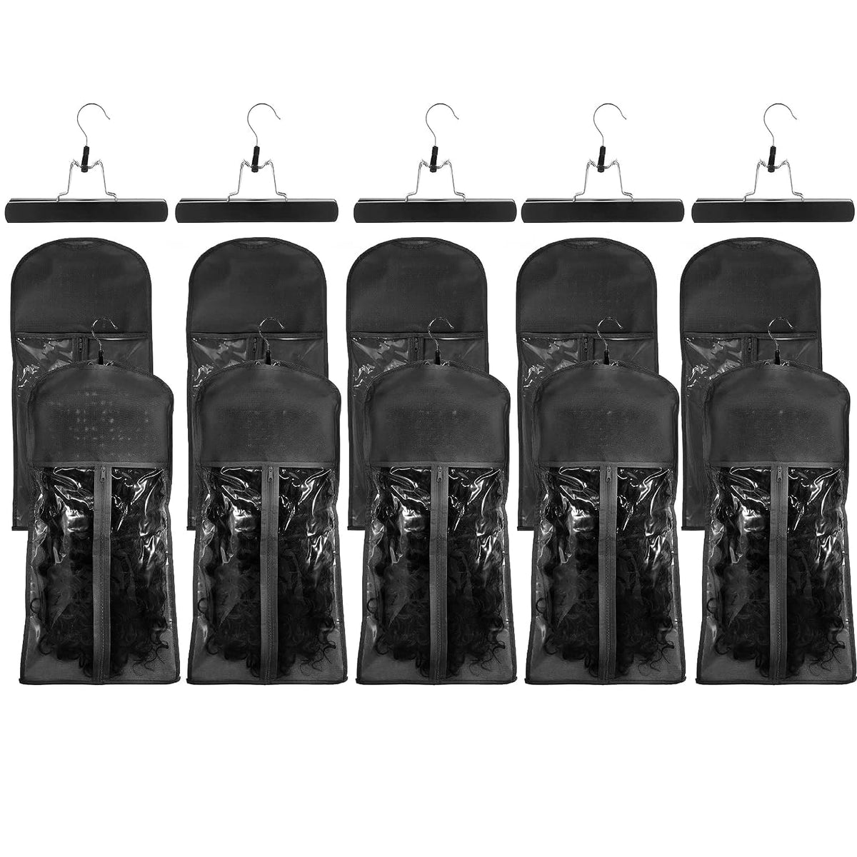 VARIPOWDER 10pcs Hair Extensions Hanger Bags Dust Proof Wig Storage Bag Portable Hair Extension Storage Bag Strong Holder Wigs Carrier Bags with Transparent Zip Up Closure - (Black)