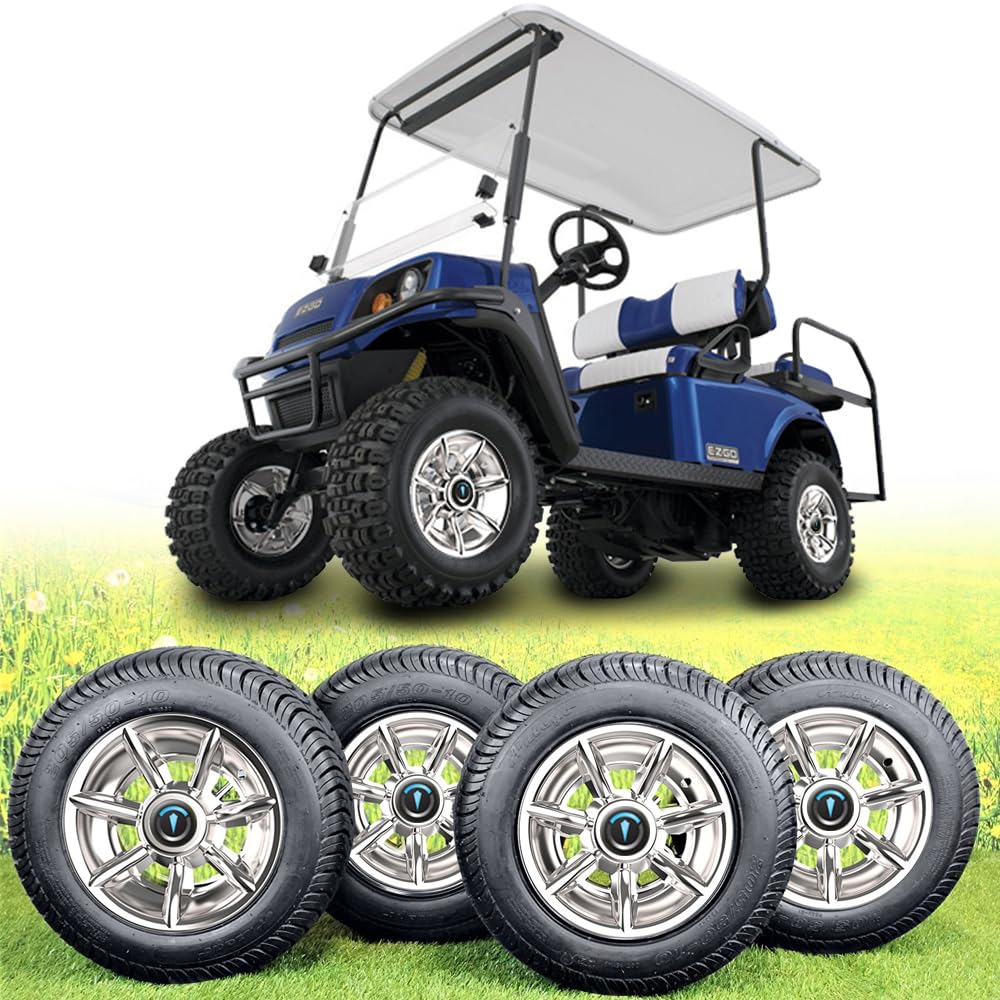 TakeLook - 10 inch Golf Cart Wheel CoversImproved 7 Spoke Chromed Hub Caps for Club Car/E-Z-GO/YA/Star Car/Excar and Other Models.(Set of 4)