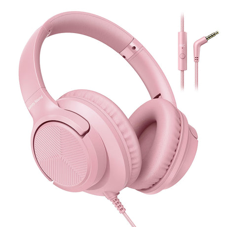 Botesty Sound Wired Headphones with Microphone Over Ear Headphones Wired with 4.9ft Tangle-Free Nylon Cord 3.5mm Plug in Headphones for SmartphoneTabletComputerMP3/4 (Pink)