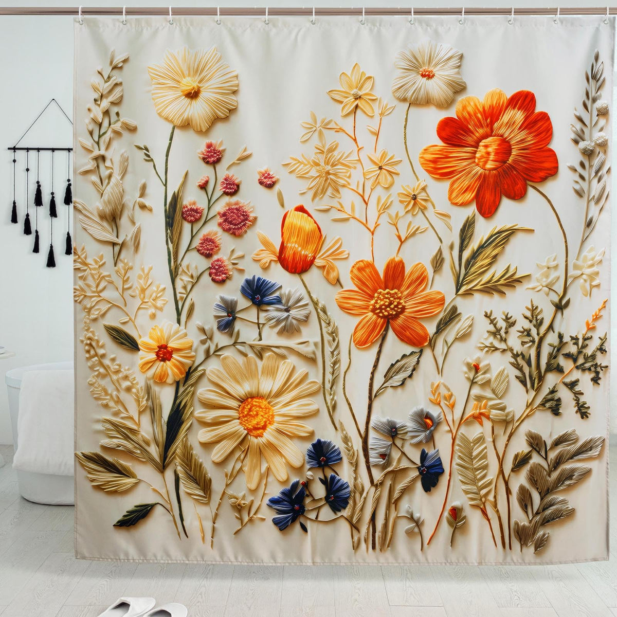MACOFE Nature-Inspired Garden Floral Shower Curtain Beige Warm Tones with Blue Accents Botanical Print Fabric Bathroom Decor Waterproof & Washable Shower Curtain Set with Hooks 72x72 Inch