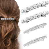 HINZIC 4Pcs Rhinestone Bling Hair Clip Silver Crystal Flower Hair Barrettes Pearl French Metal Wedding Hair Accessories Ponytail Holder Large Hairpins for Women Girls Prom Party