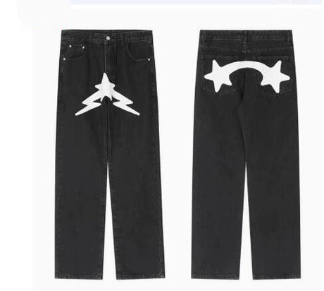 Men's Black Star Printed Baggy Jeans - Fashion Trend