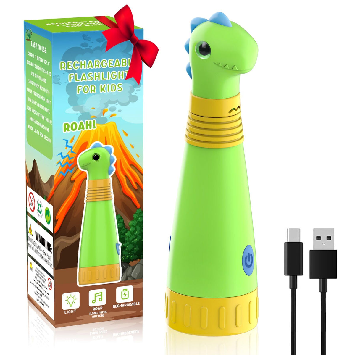 COSOOS Rechargeable Dinosaur Flashlight for Kids Roar Mode Kids Flashlight Toys Outdoor Camping Gear Accessories Birthday Gift Easter Basket Stuffers for Kids 3 4 5 6 7 8 9 10 Years Boys Girls