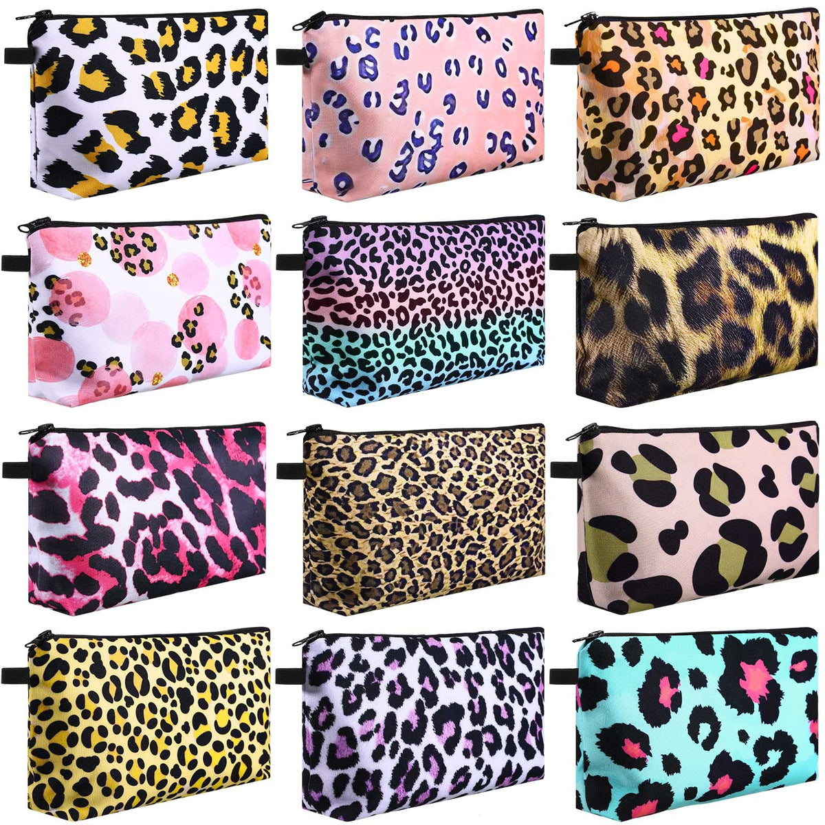 Sanwuta 12 Pieces Cosmetic Bags Makeup Bags Printed Roomy Toiletry Bag Waterproof Beauty Bag Organizer Pouches with Zipper Makeup Accessories for Women Girls (Leopard Style)