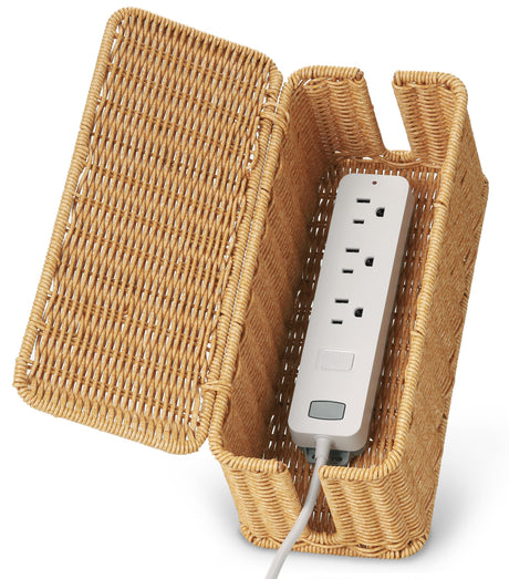 Handmade Cable Management Box Imitation Rattan Cord Organizer Box Decorative Cord Hider Box Cable Organizer Box for Desk Cord Management Box to Hide Cords and Power Strip 12.5" L*5.2" W*5.5" H