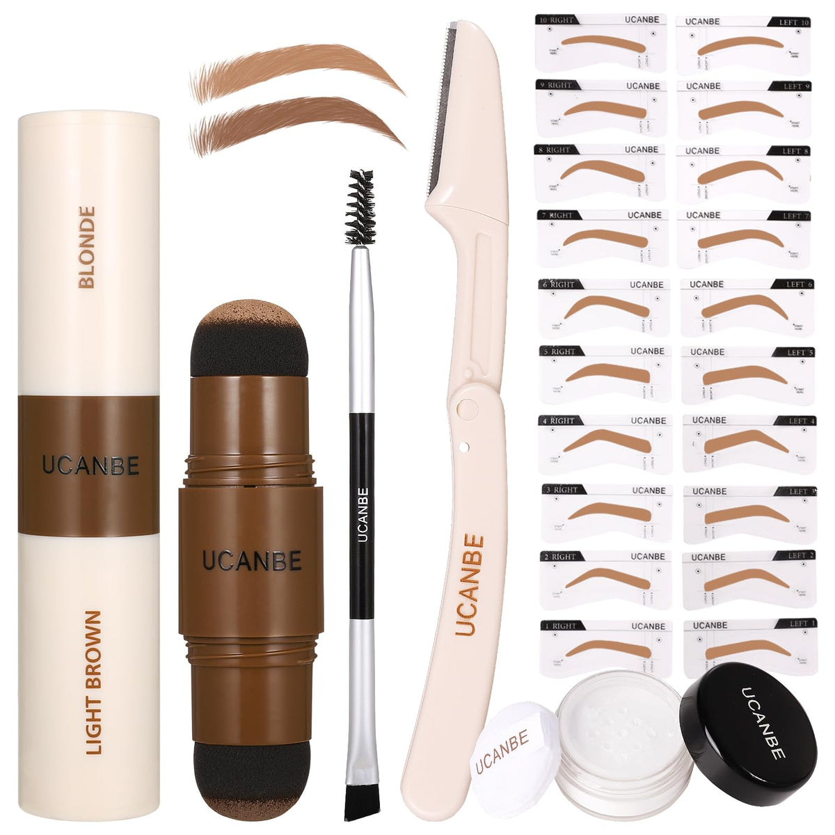 UCANBE 25PCS Eyebrow Stamp Stencil Kit With Dual-Color Eyebrow Stamp Pomade20 Reusable Eyebrow StencilsFinising PowderBrushEyebrow RazorZipper PouchWaterproof Eye Brow Stamping and Shaping Kit01