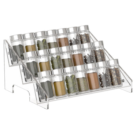 PMMASTO Acrylic Spice Rack Organizer for Cabinet Spice Jars Clear Vertical Seasoning Rack Pantry Storage Countertop Kitchen Organization and Storage -Stepped Type 3 Tier