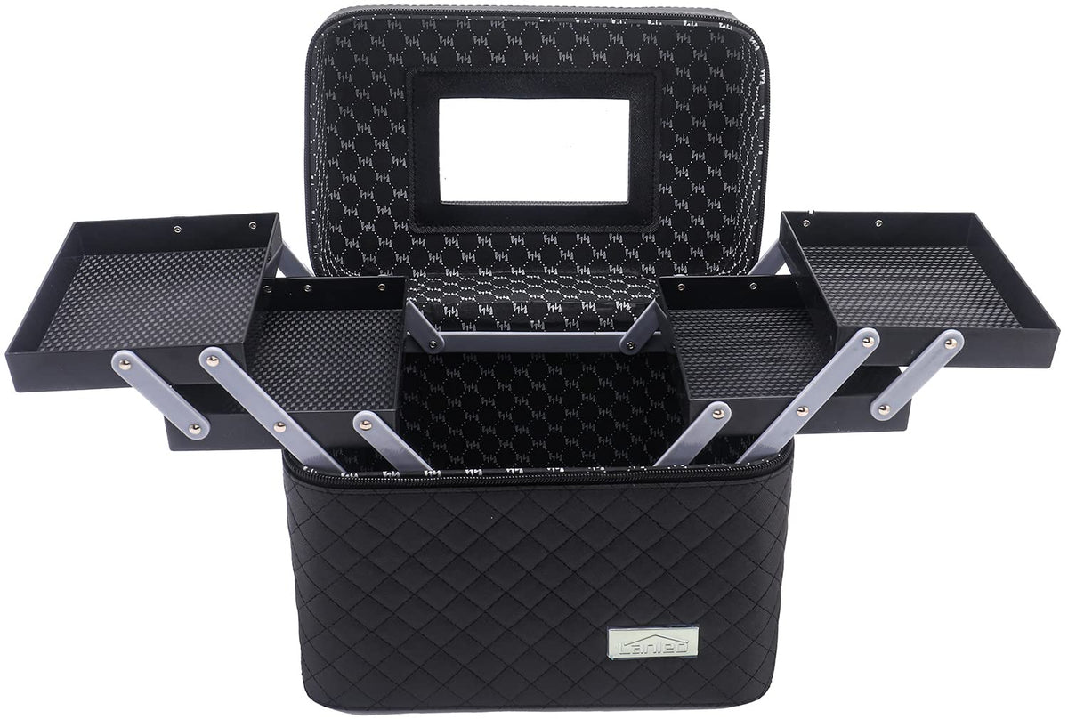 Sooyee Makeup Bag Cosmetic Bags with Mirror Makeup Organizer 4 Layer Foldable Tray Open to The SidesMakeup Travel Bag for WomenMakeup Box Train CaseBlack