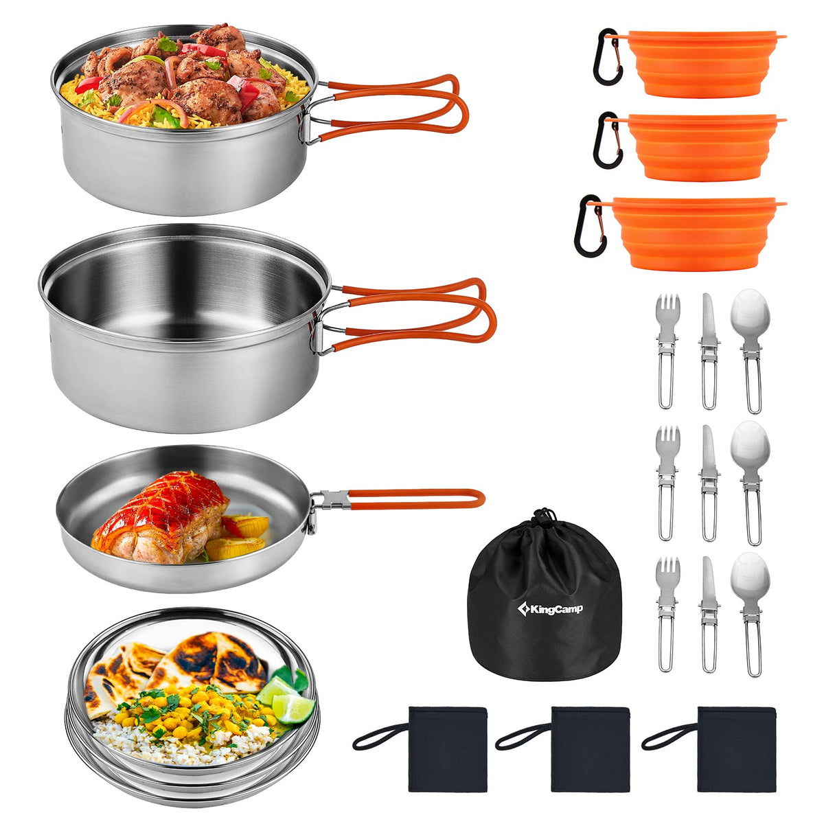KingCamp 17/25pcs Stainless Steel Camping Cookware Mess Kit Camping Cooking Set Backpacking Gear Lightweight Pots and Pans Set with Folding Knife Fork for Camping Hiking Picnic
