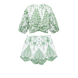 Embroidered V-Neck Crop Top and High-Waist Shorts