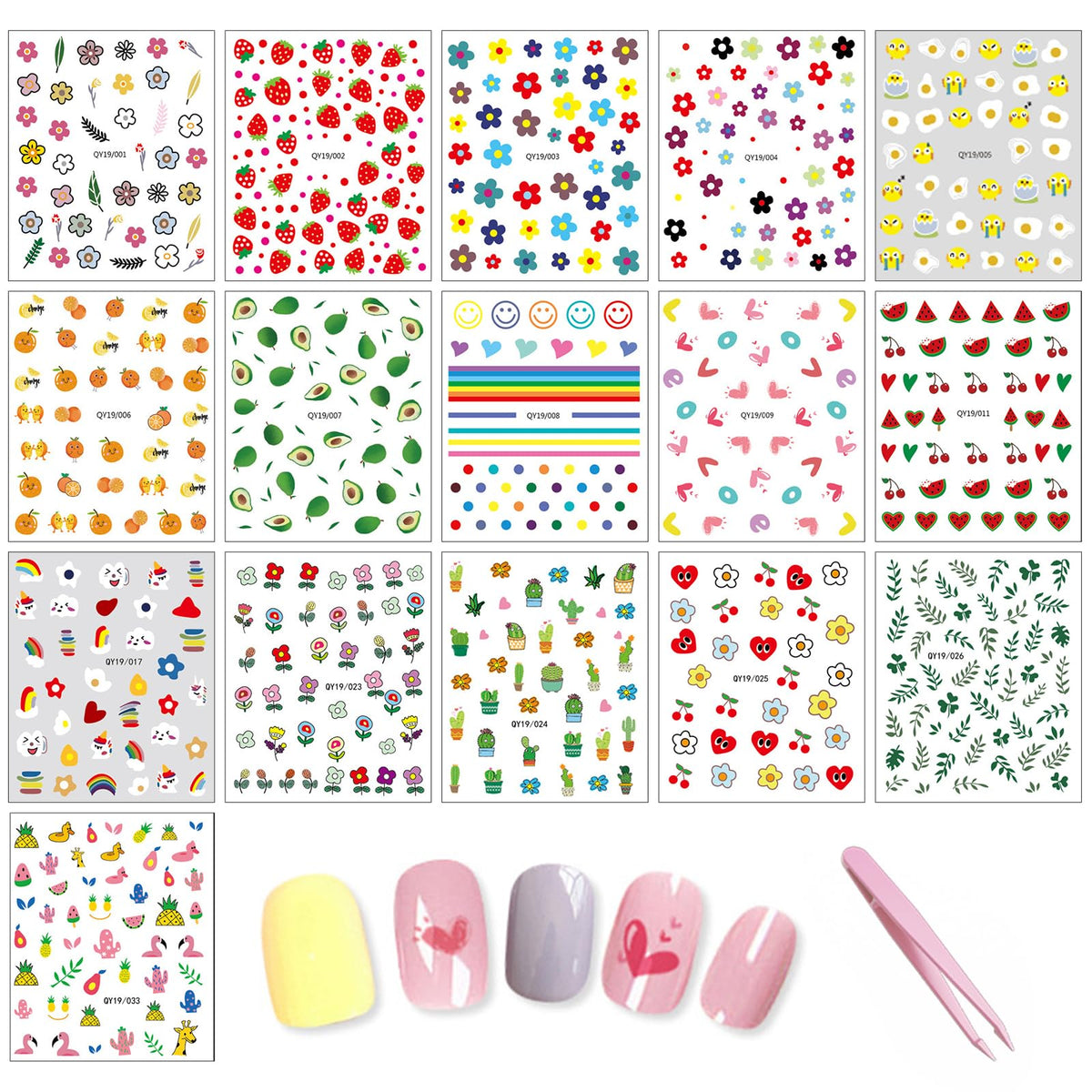 HAIIDOAK 16 Sheets Nail Stickers with Tweezer Self-Adhesive 3D Nail Decals for Women Kids and Little Girls - Manicure Accessories Set for Stylish Nails