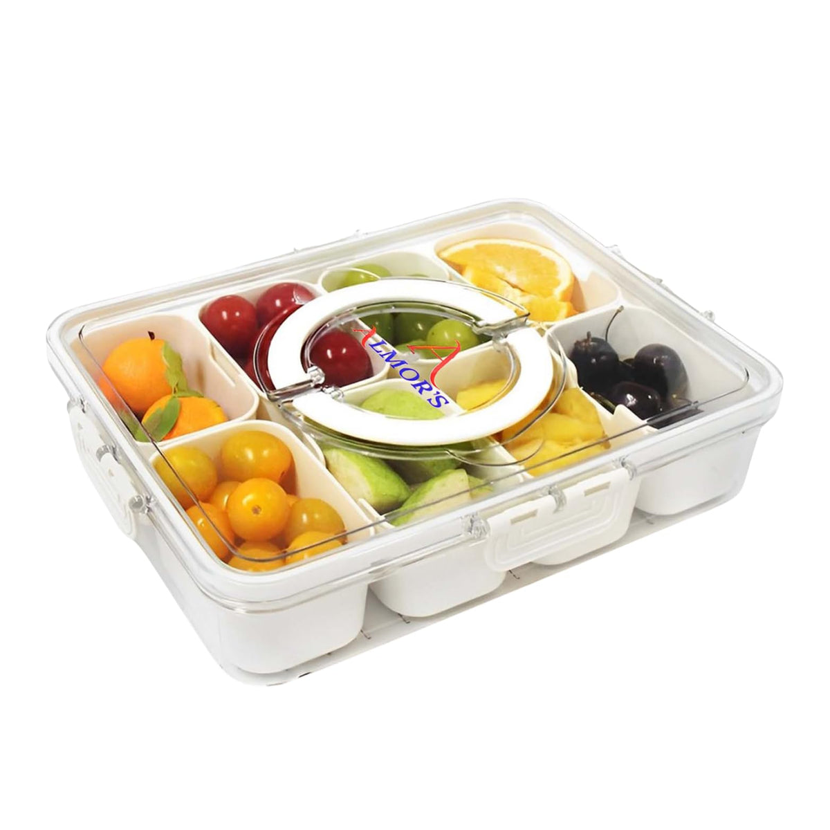 ALMORS Divided Serving Tray with Lid and Handle - Snackle Box Container Storage Organizer for CandyFruitsNuts - Charcuterie Container Portable Snack Tray Box - 1 Pack white