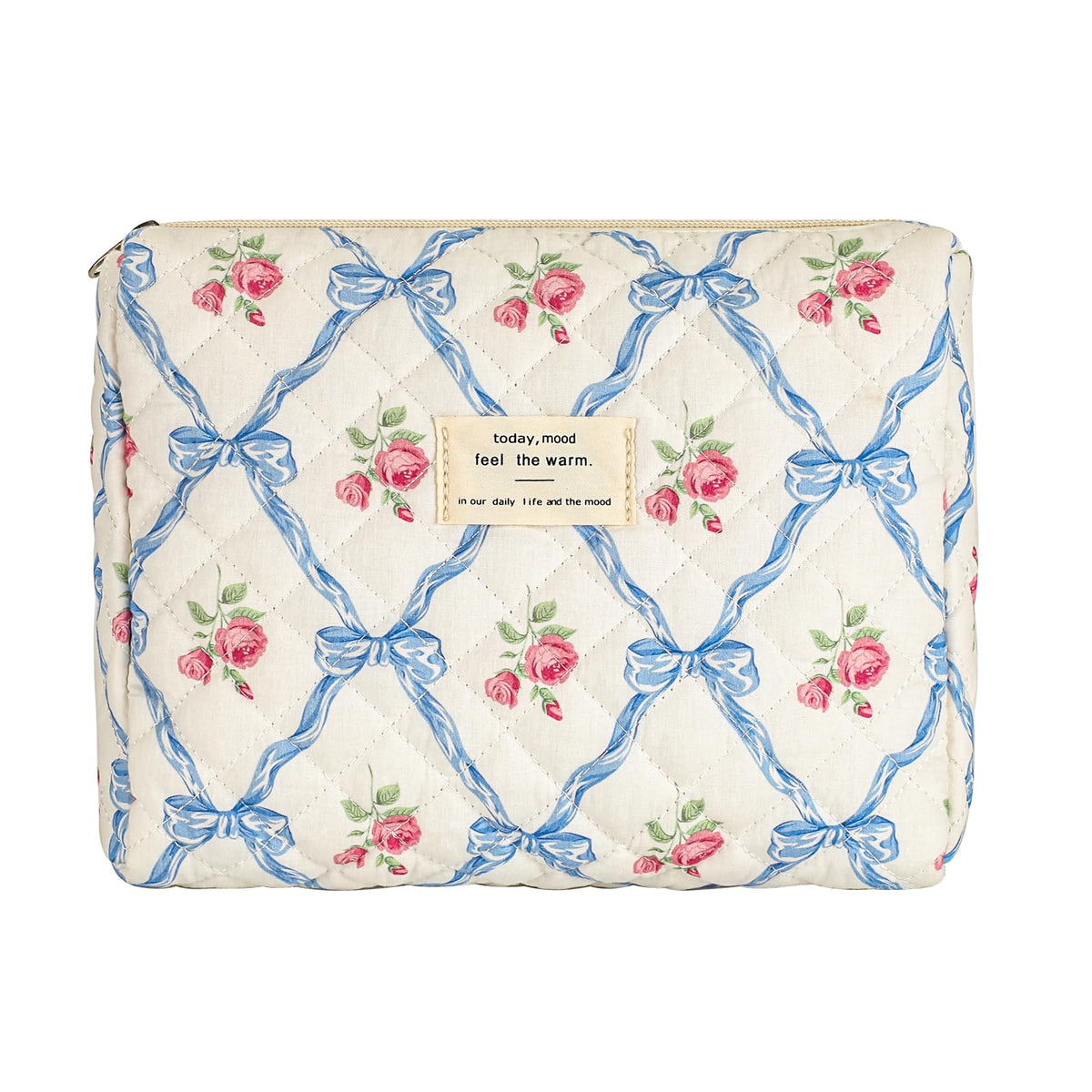 uekeboag Quilted Cotton Makeup BagCoquette Quilted Toiletry Bag for Women and GirlsFloral Coquette PouchCute Kawaii Travel Cosmetic Bags(Blue Bows)