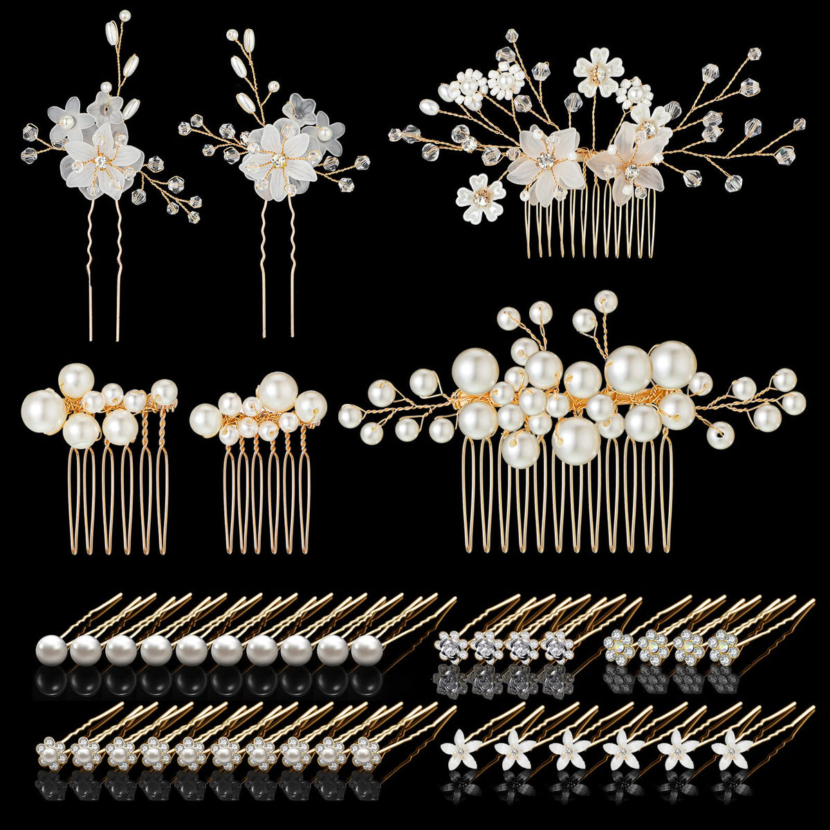 40 Pieces Bridal Hair Accessories: Gold White Flower Clips U-Shaped Pearl Crystal Rhinestone Pins Rose Glitter Headpiece for Women and Girls