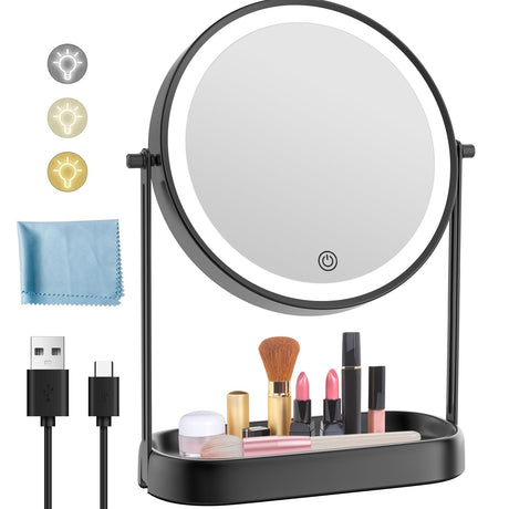 FASCINATE 10X Lighted Makeup Mirror with Storage Rechargeable Magnifying Mirror with Lights 8" Brightness Adjustable Double Sided 360°Rotation Table Vanity Mirror 3 Color with Magnification
