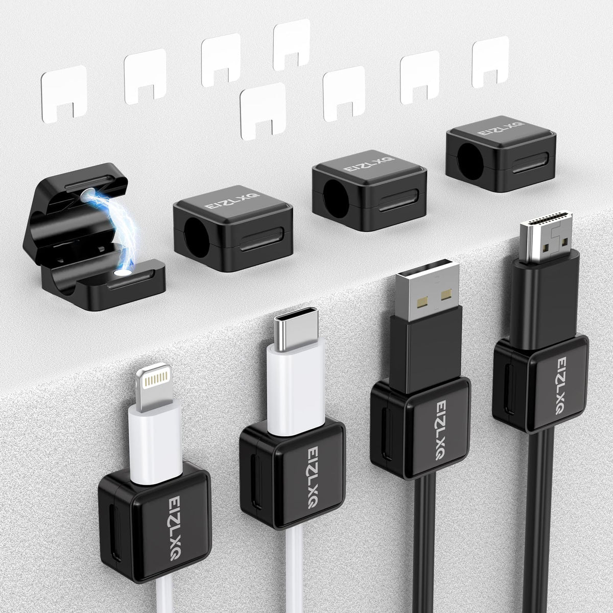 Magnetic Cord Organizer HolderEIZLXQ 8 Pack Under Desk Cable ManagementAdhesive Magnetic Cable Clips for Home Office Desk Phone Car Desktop Nightstand-Black