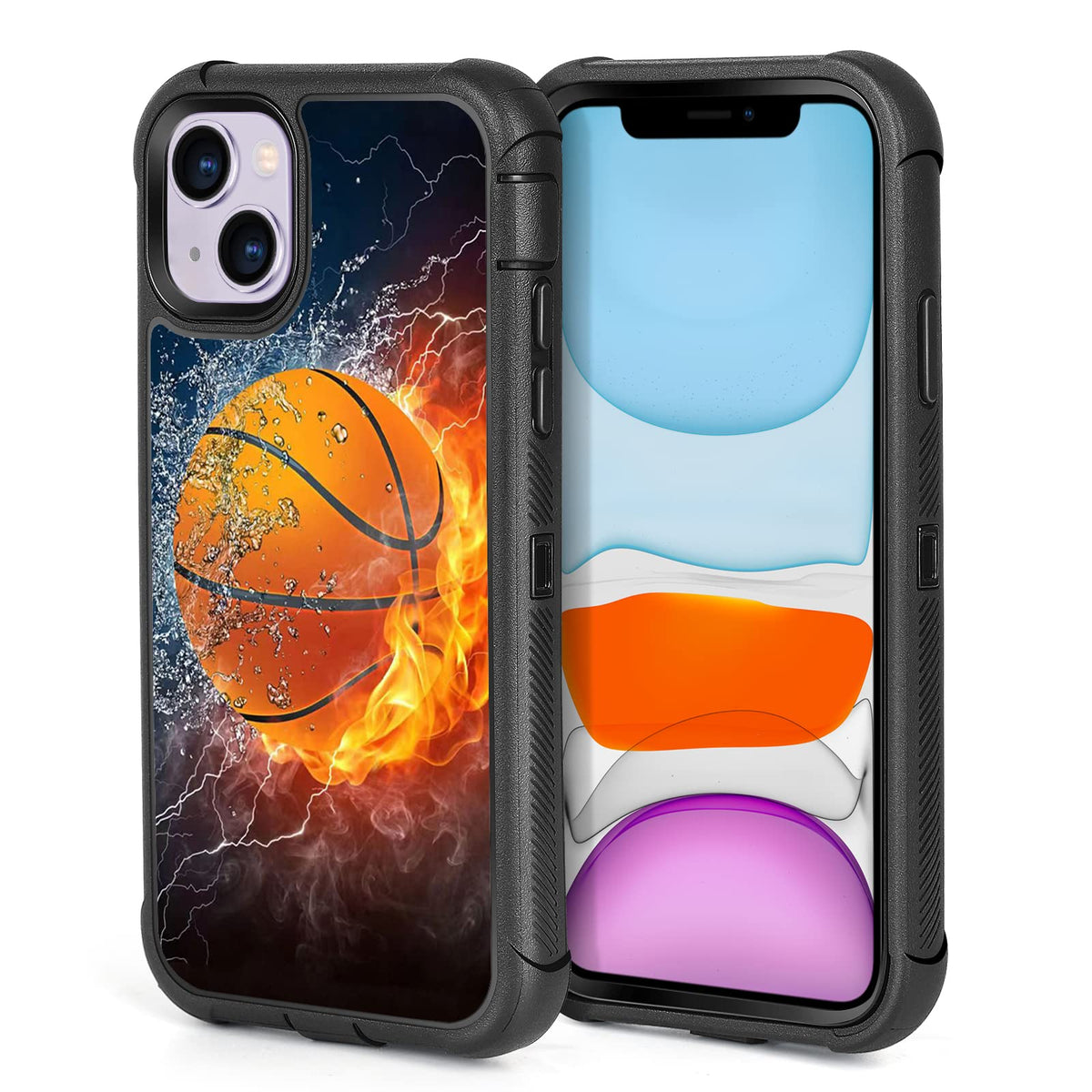 XWMHHP Compatible with iPhone 13 Case iPhone 14 Case Design for Men Boys Cool Basketball 3-Layer Rugged Shockproof Hard Plastic Bumper +Soft Silicone Rubber Heavy Duty Protection Cover