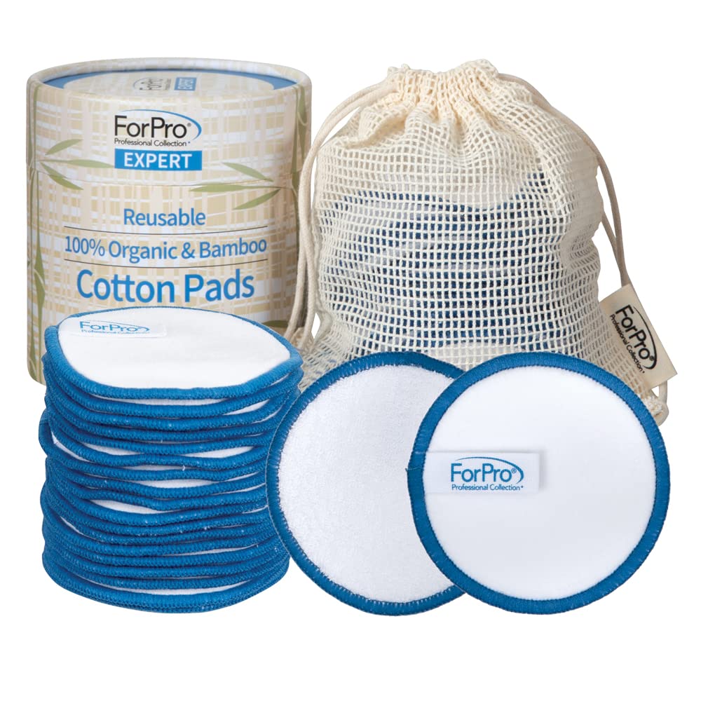 ForPro Professional Collection Expert Reusable Cotton Rounds (20 Pack) 100% Organic and Bamboo Makeup Remover Pads Includes Drawstring Laundry Bag and Storage Container