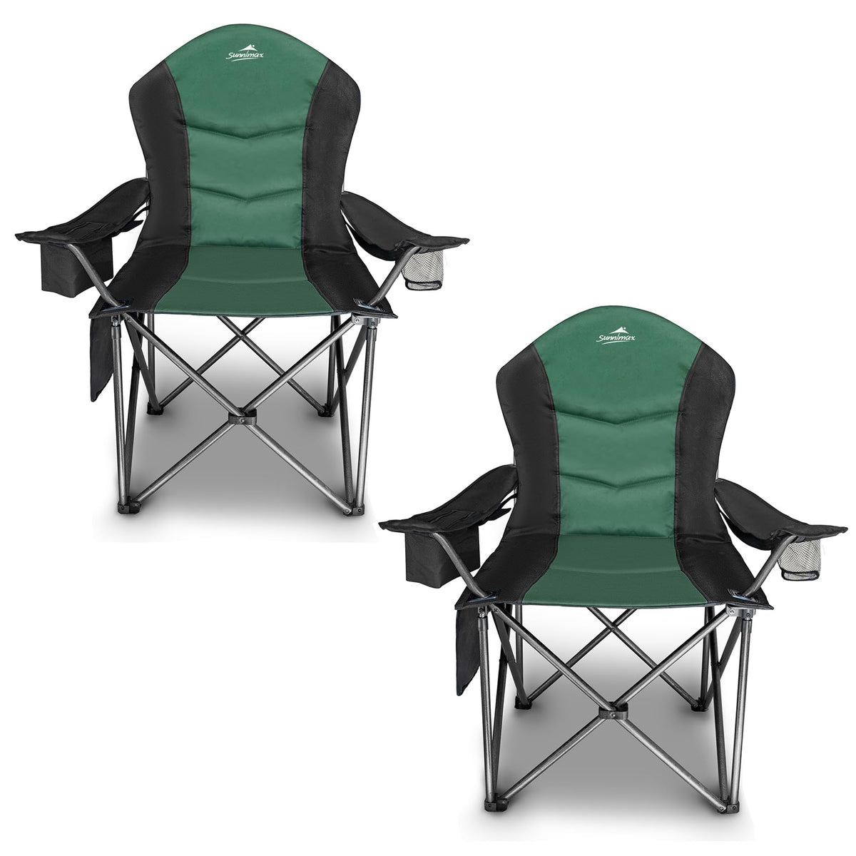 SUNNIMAX Fully Padded Camping Chair Oversized Heavy Duty Lawn Chair with Cooler BagSide PocketCup Holder Support 400 lbs (Black & Green Twin Pack)