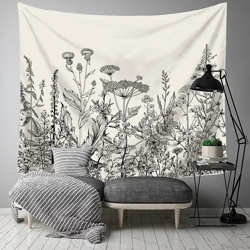 Black-and-White Flower Wall Tapestry for Home Decor