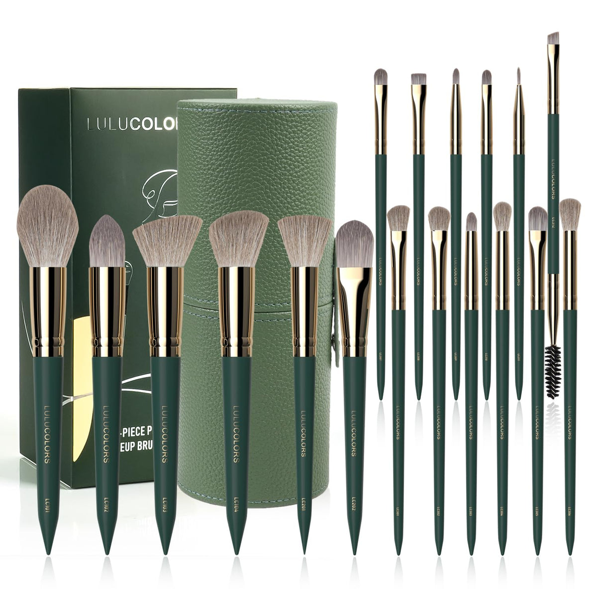 LULUCOLORS 18-Piece Makeup Brush Set with Holder Case – Complete Professional Brush Collection for Flawless Makeup Application -Soft Bristles (Green)