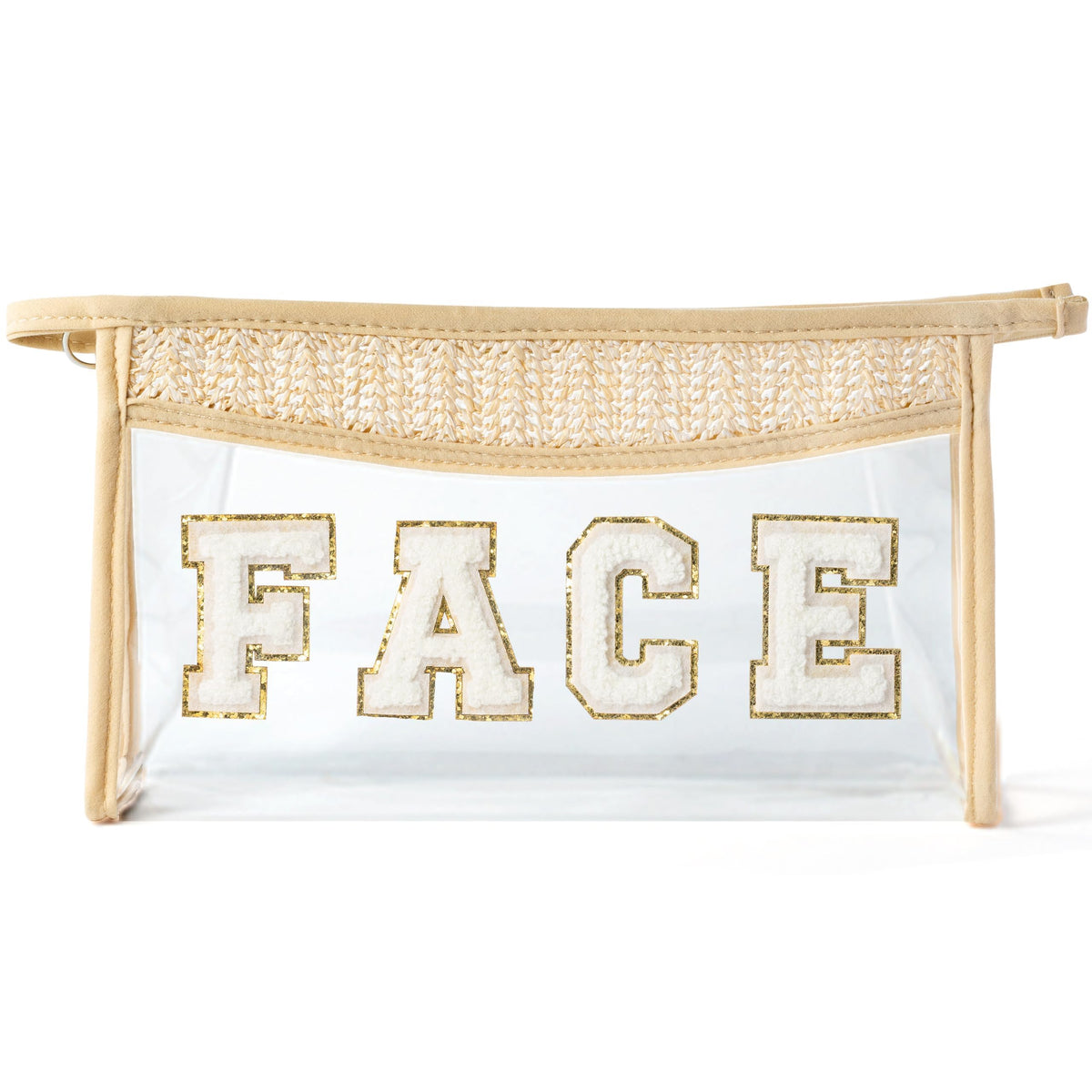 Belanttega Boho Patch GLAM Makeup Bag Clear Toiletry Bag Varsity Letter Travel Cosmetic Bag beige Transparent Waterproof Snacks Bag Cute Zipper Makeup Pouch for Women Girls (FACE)