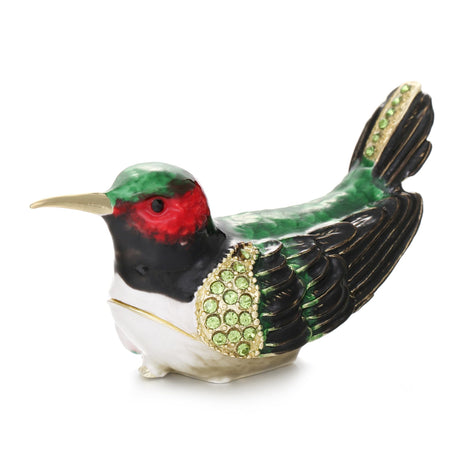 Hand Painted Enamel Hummingbird Trinket Box Hinged Jewelry Box Unique Mini Ring Necklace Jewelry Organizer Vintage Bejeweled Storage Figurine Collectible Keepsake Home Decor (Dark Green)