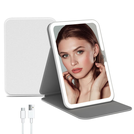 Rechargeable Travel Lighted Makeup Vanity Mirror with PU Leather CoverPortable Travel Makeup Mirror with lights3 Color LightingTouch Sensor Dimmable Light Up Tabletop Cosmetic Mirror Folding White