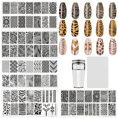 HYWWPFLAY 5Pcs Nail Stamping Plates Leopard Print Nail Stamps Nail Art Stamping Plates Nail Stencils Nail Plate Template Nail Art Stamping Kit Nails Accessories with 1 Nail Stamper 1 Scraper