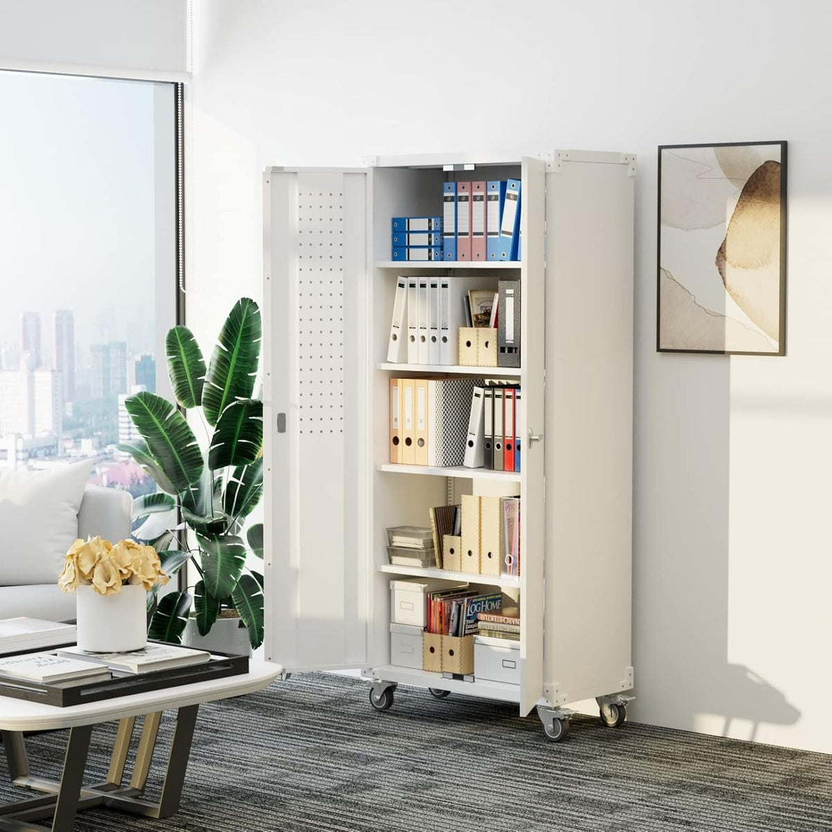 Large Metal Storage Cabinet With Pegboard And Wheels,Lockable Steel Storage Cabinet With 4 Adjustable Shelves, White Metal Cabinet For Garage Home, Office Assembly Required