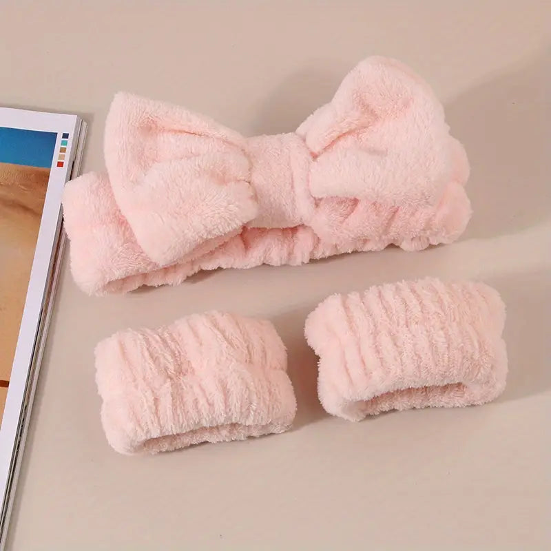 3pcs Cute Microfiber Bow-Knot Headband & Wristband Set