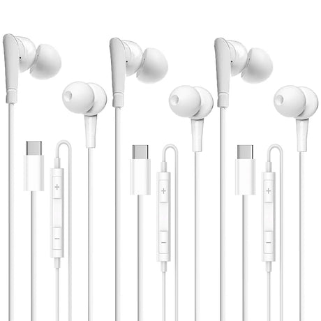 Cianyyee USB C Headphones Pack of 3 Type C Wired Earbuds in-Ear Headphones with Microphone Noise Canceling Stereo (TPC-White)