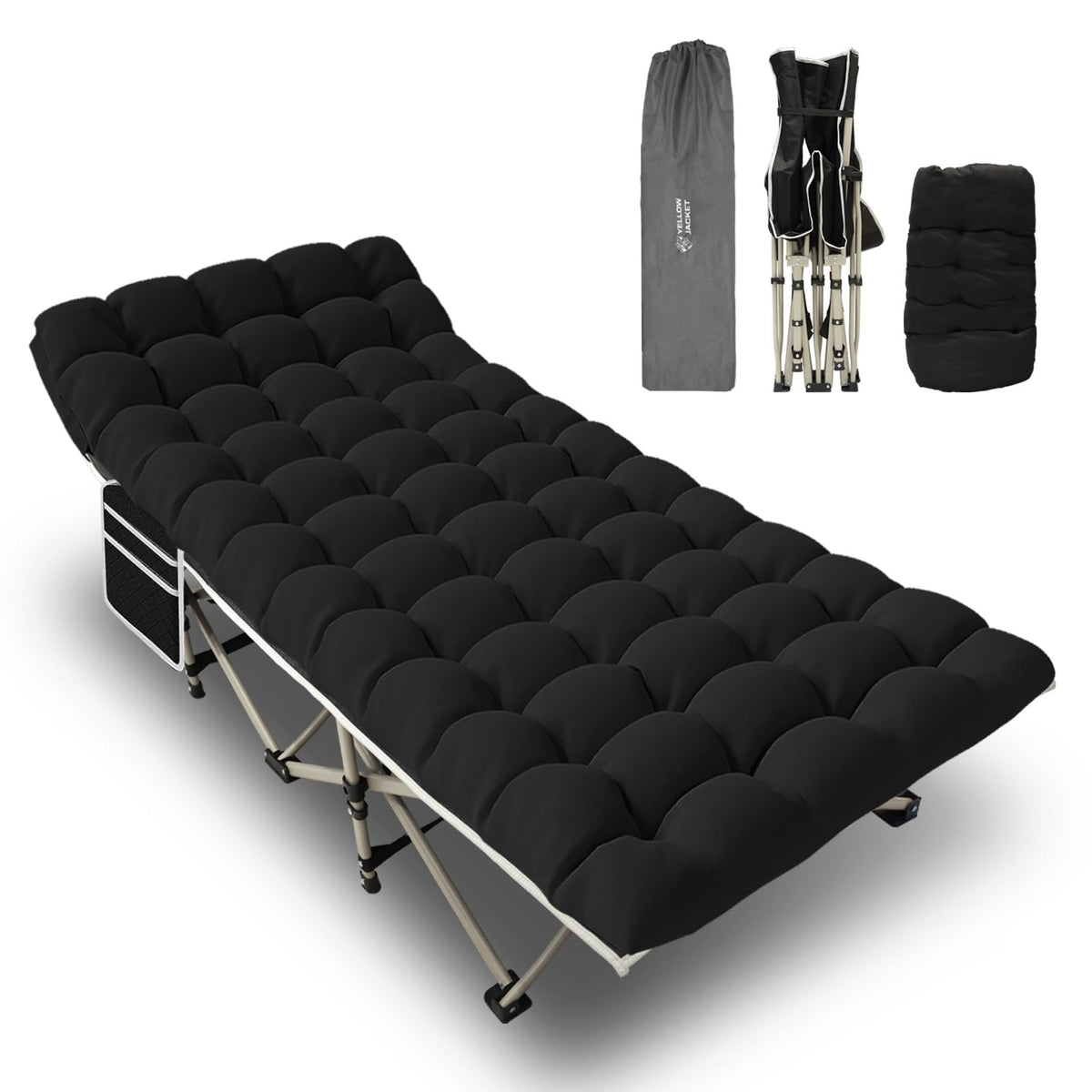 YELLOW JACKET Folding Camping Cot for Adults600LBS Max Load28" Wide Sleeping Cot with Removable Thick Mattress Portable Foldable Camping Bed with Carry Bag for CampHomeOfficeTravelBlack