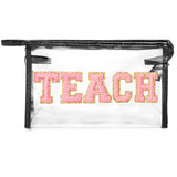CY2SIDE TEACH Clear Makeup Bag - Pink TEACH Letter Patch Cosmetic Bag with Handle for Travel PVC Zipper Clear for Toiletries Waterproof Portable Travel Organizer Teacher Appreciation Gifts Black