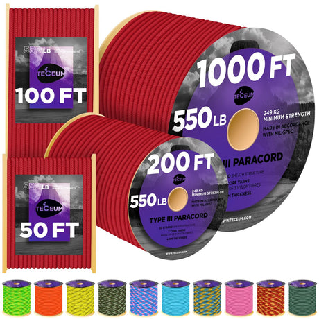 TECEUM Paracord Type III 550 Red – 50 ft – 4mm – Tactical Rope MIL-SPEC – Outdoor para Cord –Camping Hiking Fishing Gear and Equipment – EDC Parachute Cord – Strong Survival Rope 021b