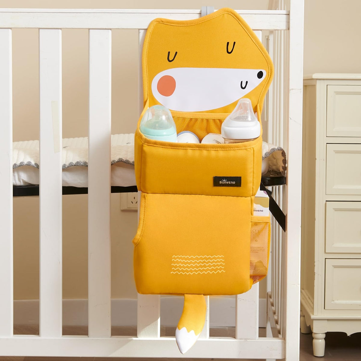 SUNEVNO Hanging Baby Diaper Caddy Organizer Diaper Stacker Baby Crib Hanging Classified Storage Bag Organizer for Changing Table Crib Playard or Wall & Nursery Organization (Yellow Fox)