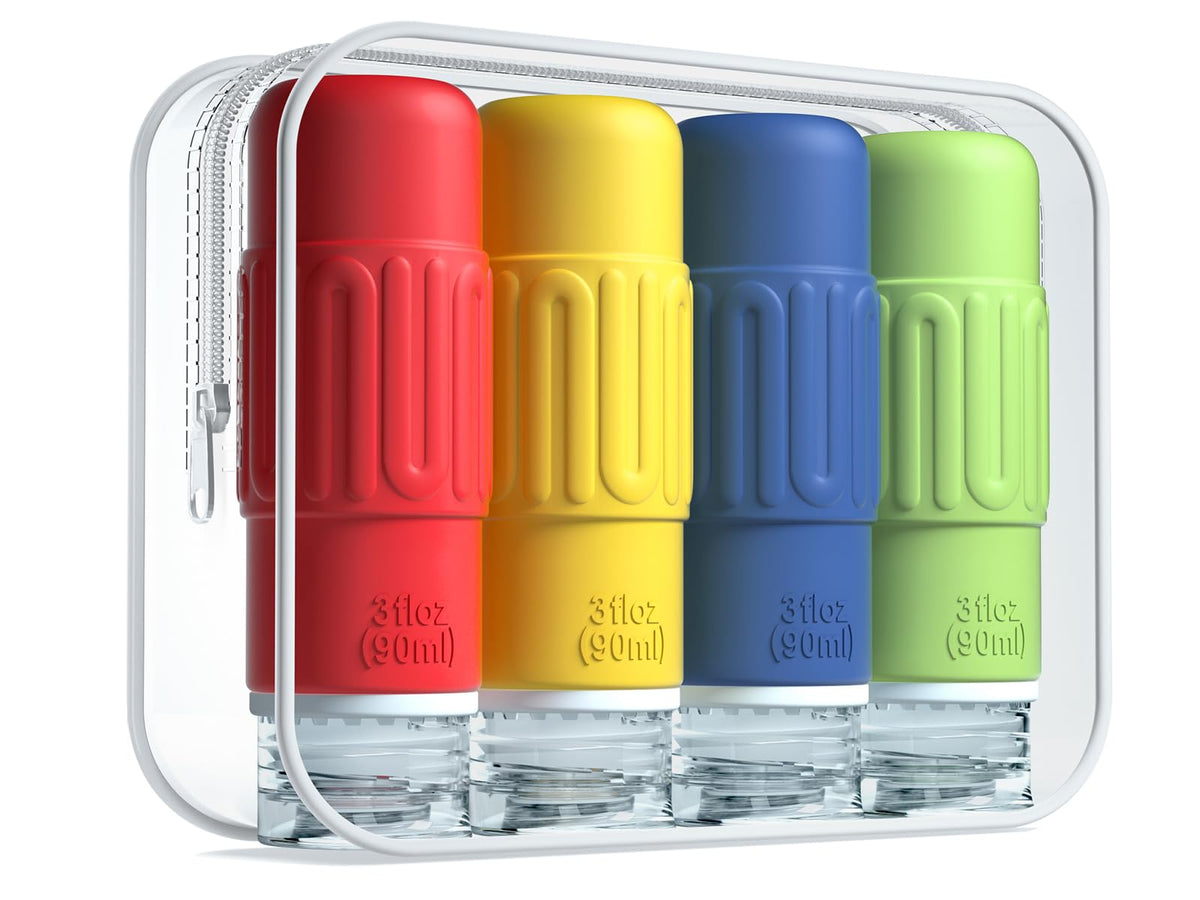 Mrsdry Travel Bottles for Toiletries BPA Free Leak Proof Reusable Silicone Bottles TSA Approved 3oz Travel Size Bottles Travel Accessories for Shampoo Soap Liquids with Toiletry Bag (4 Pack)