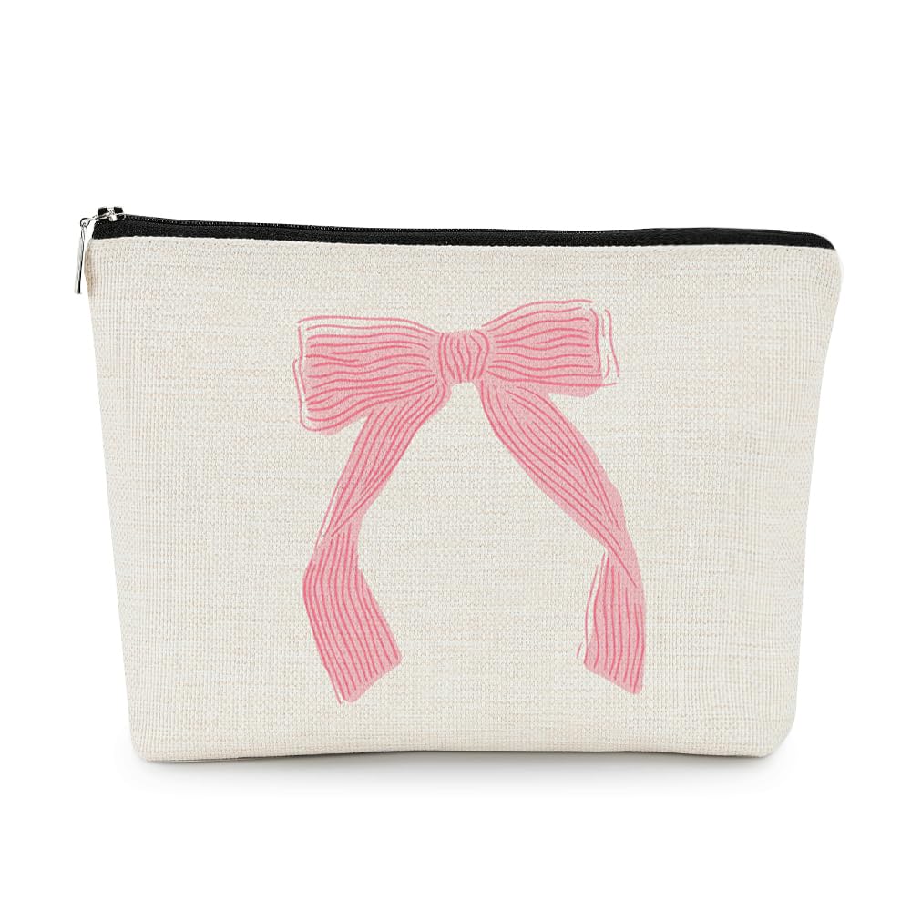 EXUQO Coquette Pink Bow Preppy Small Makeup BagPink Bow Pouch Bag Gift for Teen Girls WomenZipper Travel Toiletry Cosmetic BagTrendy Makeup Bag Organizer