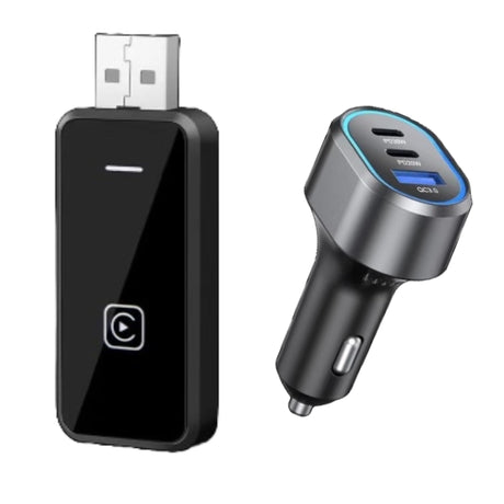 Wireless CarPlay Adapter for iPhone and Andriod - 3-Port Car Charger Inlcuded - Easy Bluetooth Connection Universal Compatibility Fast Streaming Hands-Free Control Elevated Experience