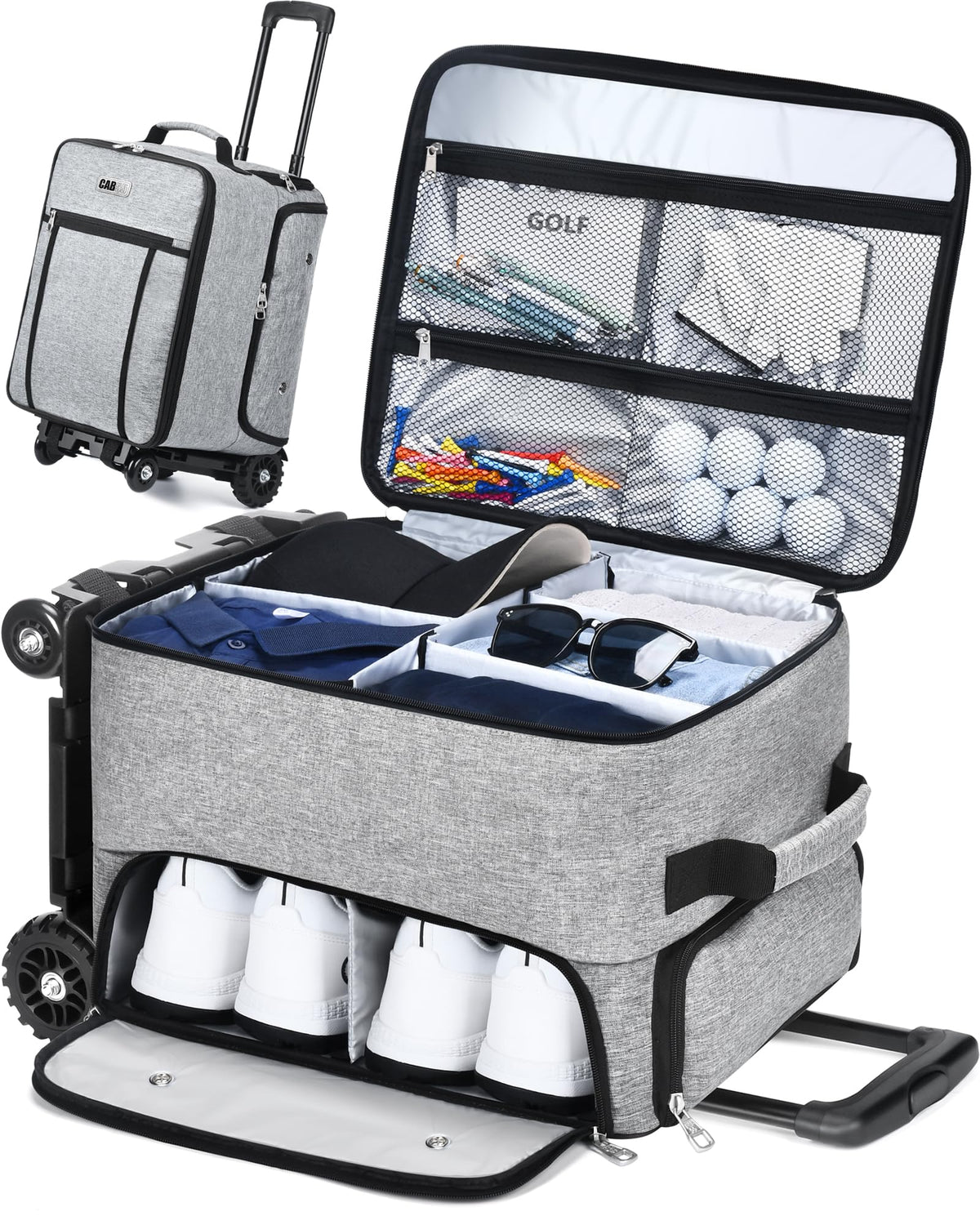 CAB55 Golf Trunk Organizer with 4 Wheels 2 Layer Waterproof Car Golf Organizer with Separate Ventilated Compartment for 2 Pair Shoes Golf Trunk Storage for Clothes Accessories Golf Gifts (Gray)